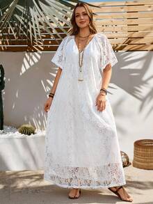 Rosumi Plus Size Women's White Summer Boho Vacation Holiday Lace Long Dress,Country Concert Outfit,Beach Flowy Dress,Western Style Casual Outfits For Women - White - View 13
