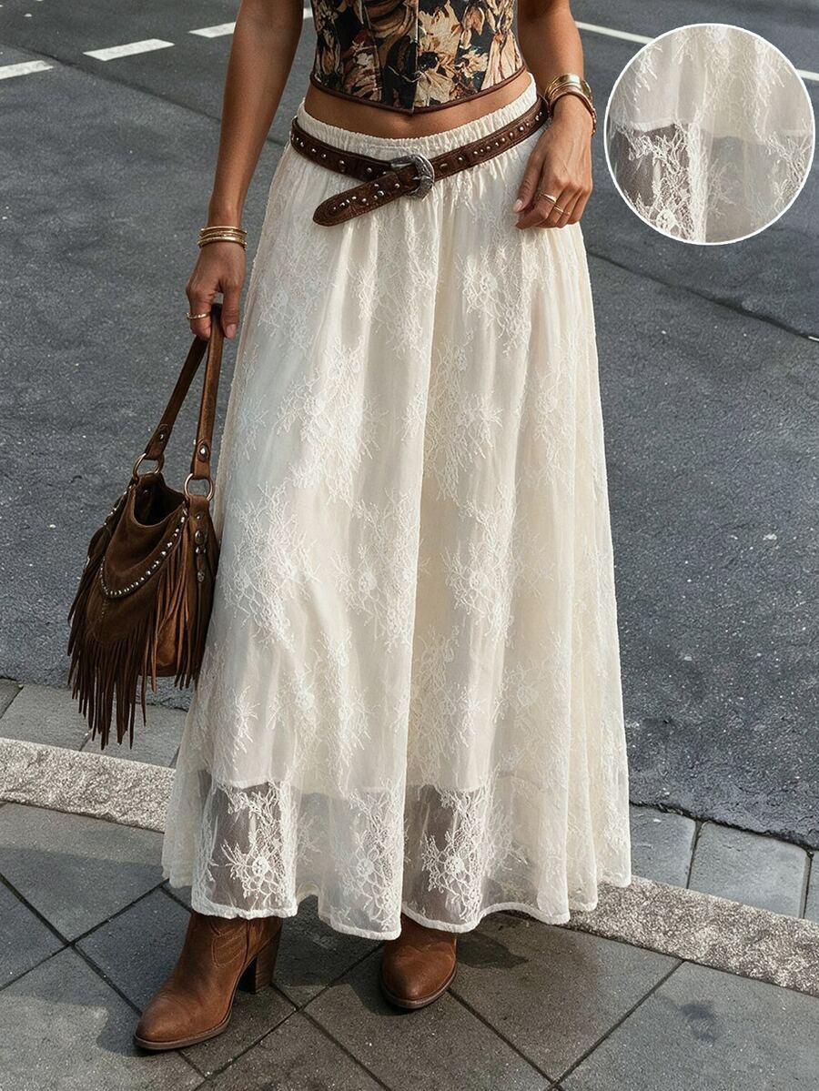 Struktiv Women's French Style Gentle Lace Midi Skirt For Date - Apricot - View 1