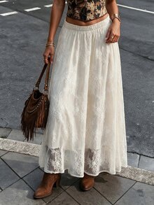 Struktiv Women's French Style Gentle Lace Midi Skirt For Date - Apricot - View 6