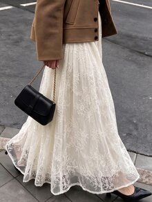 Struktiv Women's French Style Gentle Lace Midi Skirt For Date - Apricot - View 3
