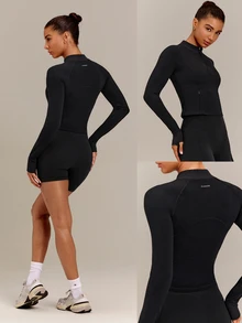 GLOWMODE FeatherFit™ No Slowing Down High-Neck Zip-Up Jacket With Ribbed Trim & Slim Waist-Length Fit Yoga Studio Daily Wear - Black - View 9