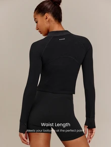 GLOWMODE FeatherFit™ No Slowing Down High-Neck Zip-Up Jacket With Ribbed Trim & Slim Waist-Length Fit Yoga Studio Daily Wear - Black - View 2