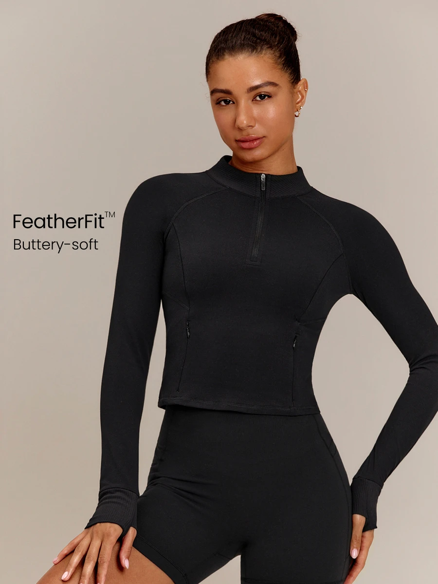 GLOWMODE FeatherFit™ No Slowing Down High-Neck Zip-Up Jacket With Ribbed Trim & Slim Waist-Length Fit Yoga Studio Daily Wear - Black - View 1