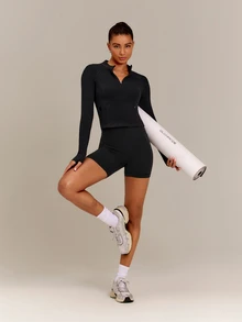 GLOWMODE FeatherFit™ No Slowing Down High-Neck Zip-Up Jacket With Ribbed Trim & Slim Waist-Length Fit Yoga Studio Daily Wear - Black - View 7