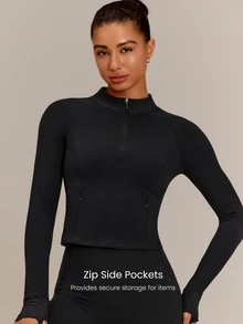 GLOWMODE FeatherFit™ No Slowing Down High-Neck Zip-Up Jacket With Ribbed Trim & Slim Waist-Length Fit Yoga Studio Daily Wear - Black - View 4