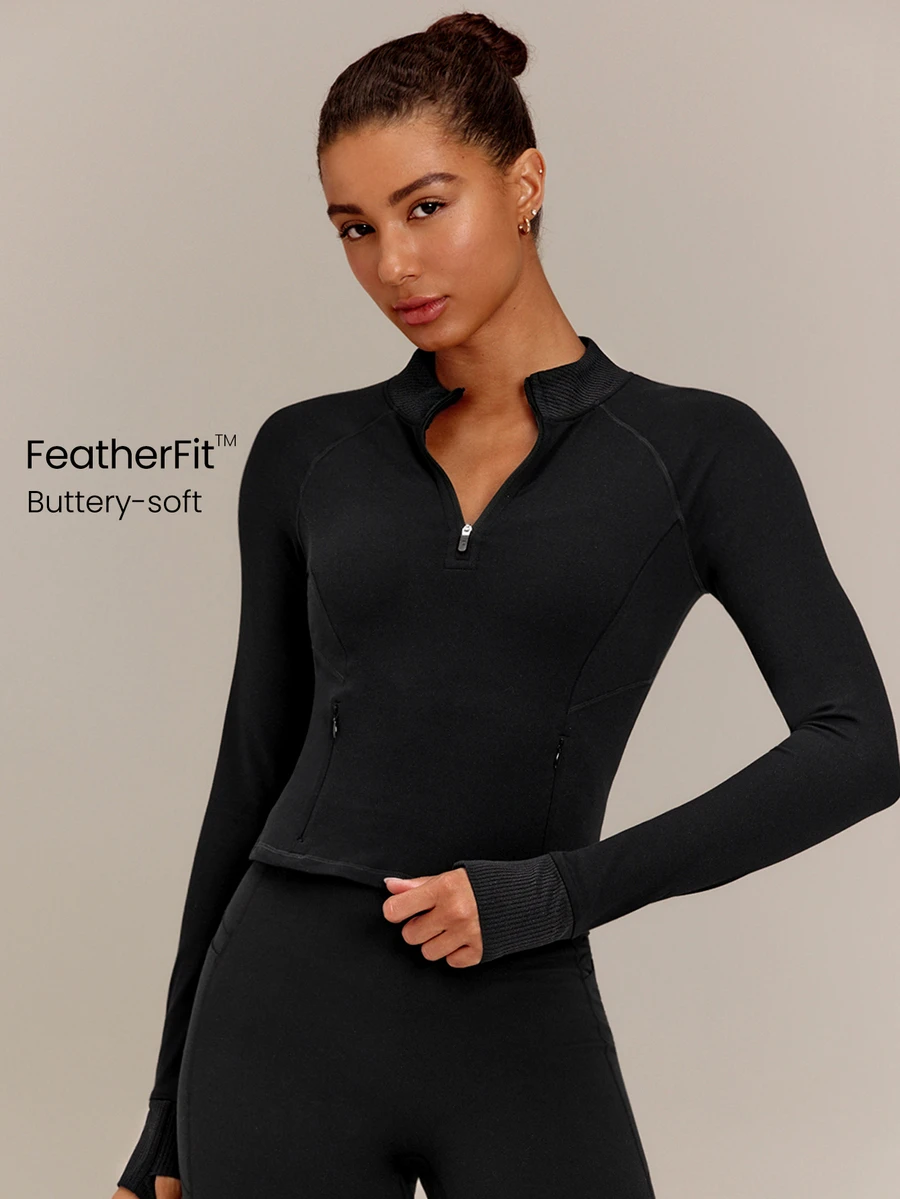 GLOWMODE FeatherFit™ No Slowing Down High-Neck Zip-Up Jacket With Ribbed Trim & Slim Waist-Length Fit Yoga Studio Daily Wear - Black - View 1