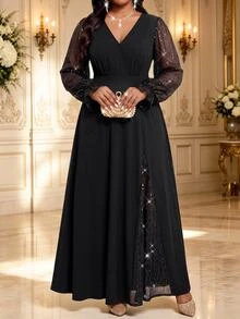 Fleurora Plus Size Women's Patchwork Sequin Long Sleeve V-Neck Elegant Dress Fall - Black - View 4