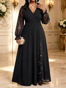 Fleurora Plus Size Women's Patchwork Sequin Long Sleeve V-Neck Elegant Dress Fall - Black - View 2