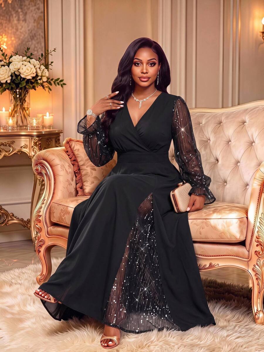 Fleurora Plus Size Women's Patchwork Sequin Long Sleeve V-Neck Elegant Dress Fall - Black - View 1