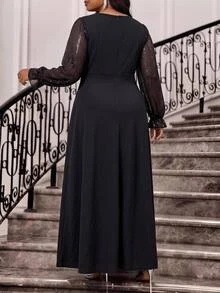 Fleurora Plus Size Women's Patchwork Sequin Long Sleeve V-Neck Elegant Dress Fall - Black - View 3