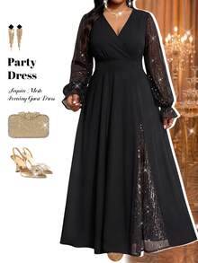 Fleurora Plus Size Women's Patchwork Sequin Long Sleeve V-Neck Elegant Dress Fall - Black - View 5