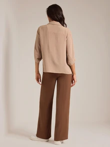 SHEIN Tall 3pcs Set: Simple Tank Top, Drawstring Waist Pocket Long Pants, And Button-Down Shirt - Brown - View 2