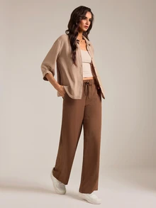 SHEIN Tall 3pcs Set: Simple Tank Top, Drawstring Waist Pocket Long Pants, And Button-Down Shirt - Brown - View 3