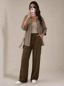 SHEIN Tall 3pcs Set: Simple Tank Top, Drawstring Waist Pocket Long Pants, And Button-Down Shirt - Brown - View 7