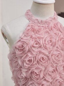 女孩婚禮季花童公主裙 3D花卉拼接 A字版型 網紗中長度正式禮服，適用舞會表演、生日派對與休閒場合 - 粉色 - 查看 5