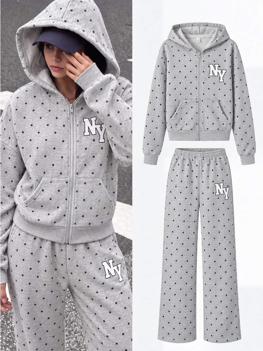 SHEIN 青少年女孩灰色與黑色波點休閒衛衣2件套,開襟連帽白色印花上衣搭配直筒寬腿褲,時尚寬鬆大尺寸運動休閒風,適合學校穿著、秋季穿搭、萬聖節與聖誕節 - 灰色 - 查看 1