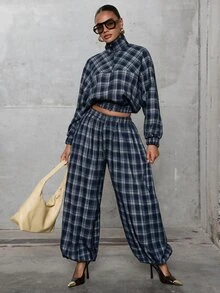 Hauture 女款格紋休閒百搭日常長褲 - 藏蓝色 - 查看 5