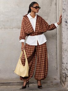 Hauture 休閒 70 年代時尚格紋彎腿燈籠長褲 女款 感恩節早午餐 棕色格紋 秋季 - 紅色 - 查看 1