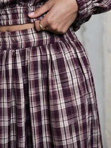 Hauture Casual Fashion Plaid Curved Leg Lantern Pants Women Long Pants - Red Violet - View 3