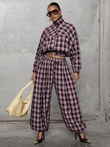 Hauture Casual Fashion Plaid Curved Leg Lantern Pants Women Long Pants - Red Violet - View 5