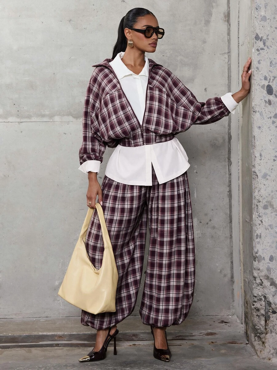 Hauture Casual Fashion Plaid Curved Leg Lantern Pants Women Long Pants - Red Violet - View 1
