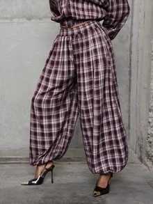 Hauture Casual Fashion Plaid Curved Leg Lantern Pants Women Long Pants - Red Violet - View 2