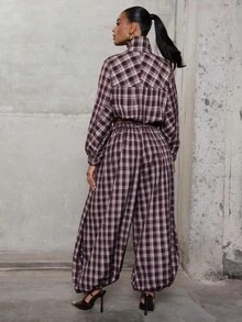 Hauture Casual Fashion Plaid Curved Leg Lantern Pants Women Long Pants - Red Violet - View 4