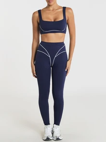 11SKNDS High Waist Leggings With Contrast Piping Detail Sculpting Seams Full Length Compression Fit Active Training Tights Moisture With Stretchy, Buttery-Soft, Tummy Control & Butt-Lifting, For Gym Workout Fitness Yoga Pilates Studio, Running & Hy-Rox - Blue - View 6