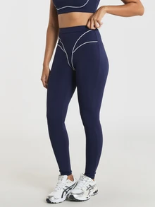 11SKNDS High Waist Leggings With Contrast Piping Detail Sculpting Seams Full Length Compression Fit Active Training Tights Moisture With Stretchy, Buttery-Soft, Tummy Control & Butt-Lifting, For Gym Workout Fitness Yoga Pilates Studio, Running & Hy-Rox - Blue - View 4