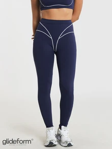 11SKNDS High Waist Leggings With Contrast Piping Detail Sculpting Seams Full Length Compression Fit Active Training Tights Moisture With Stretchy, Buttery-Soft, Tummy Control & Butt-Lifting, For Gym Workout Fitness Yoga Pilates Studio, Running & Hy-Rox - Blue - View 2