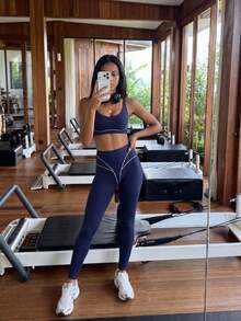 11SKNDS High Waist Leggings With Contrast Piping Detail Sculpting Seams Full Length Compression Fit Active Training Tights Moisture With Stretchy, Buttery-Soft, Tummy Control & Butt-Lifting, For Gym Workout Fitness Yoga Pilates Studio, Running & Hy-Rox - Blue - View 1