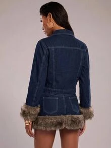 SHEIN BAE 女款毛絨拼接單排扣翻領長袖上衣與牛仔迷你裙休閒日常穿搭，毛皮拼接牛仔兩件套女裝 - 藍色 - 查看 3