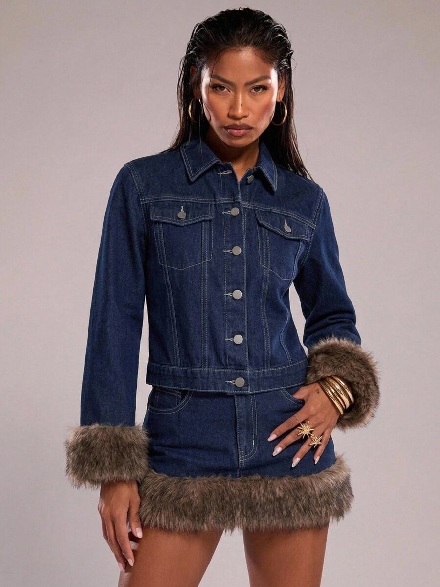 SHEIN BAE 女款毛絨拼接單排扣翻領長袖上衣與牛仔迷你裙休閒日常穿搭，毛皮拼接牛仔兩件套女裝