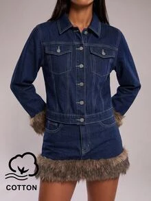 SHEIN BAE 女款毛絨拼接單排扣翻領長袖上衣與牛仔迷你裙休閒日常穿搭，毛皮拼接牛仔兩件套女裝 - 藍色 - 查看 9