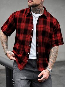 Manfinity Homme 男士格紋短袖單排扣休閒寬鬆襯衫 - 紅色 - 查看 3