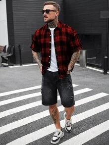 Manfinity Homme 男士格紋短袖單排扣休閒寬鬆襯衫 - 紅色 - 查看 6