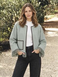 Dayvera Women's Fashion Vacation Style Contrast Trim Tassel Decor Cropped Overcoat - Green - View 2
