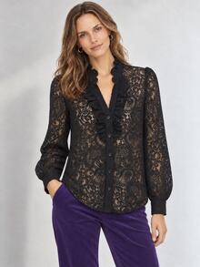 Dayvera Women's Spring/Autumn/Winter Lotus Collar Lace Long Sleeve Semi-Sheer Blouse, Elegant Black Blouse, Suitable For Commuting/Going Out/Gathering - Black - View 5