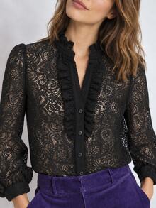 Dayvera Women's Spring/Autumn/Winter Lotus Collar Lace Long Sleeve Semi-Sheer Blouse, Elegant Black Blouse, Suitable For Commuting/Going Out/Gathering - Black - View 1