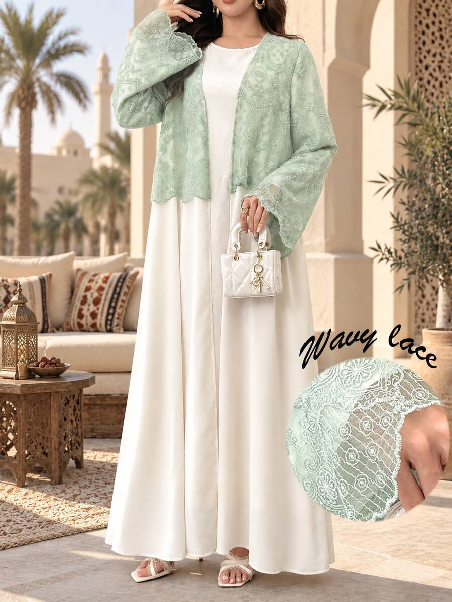 Yasmyna Allover Allover White Sequin Lace Patchwork Long Sleeve Flared Abaya Dates Formal Christening Guest Winter Modest Elegant Wedding Kelly Green