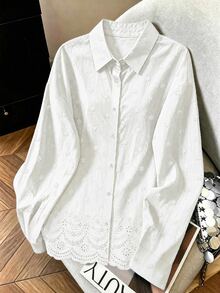 Franclia Fashionable All-Season Casual Versatile Solid Color Embroidered Traceable Pure Cotton Loose Fit Women's Shirt Fall - White - View 4