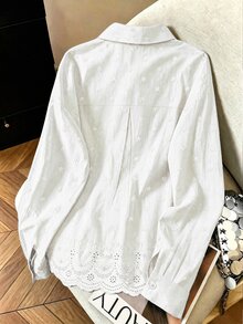 Franclia Fashionable All-Season Casual Versatile Solid Color Embroidered Traceable Pure Cotton Loose Fit Women's Shirt Fall - White - View 3