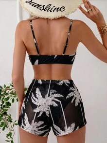 SHEIN Swim 女士夏季沙滩棕榈树印花比基尼套装，含短裤，随机印花 - 黑色 - 查看 3