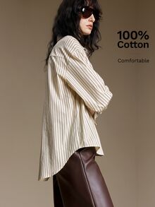 Ontre 2026 Autumn/Winter New Modern Elegant Urban Commute Striped Dropped Shoulder Long Sleeve Single-Breasted Shirt - Multicolor - View 4