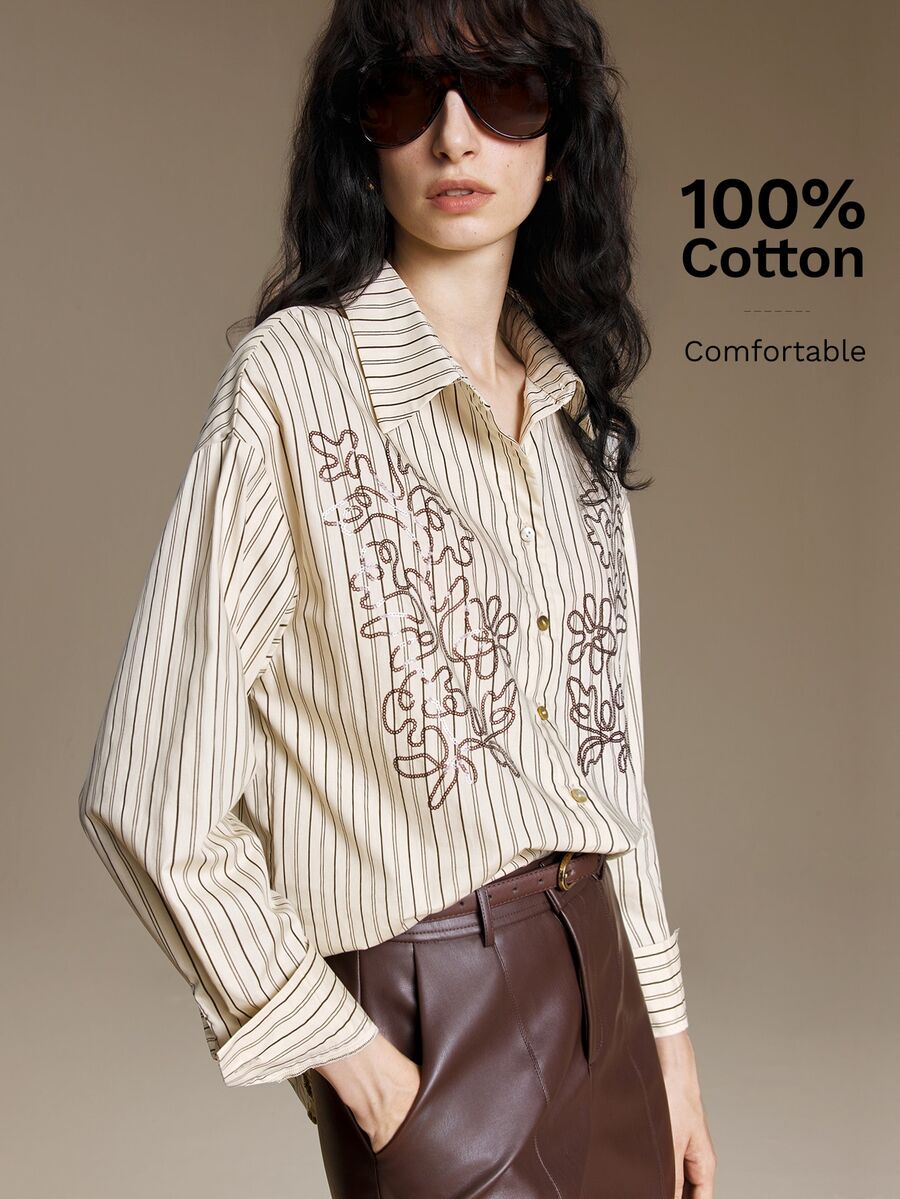 Ontre 2026 Autumn/Winter New Modern Elegant Urban Commute Striped Dropped Shoulder Long Sleeve Single-Breasted Shirt - Multicolor - View 1