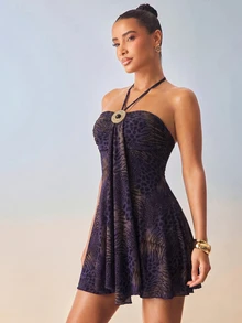 Hauture Women's Animal Print Round Black Pearl Metal Decor Backless Halter Mini Dress - Purple - View 4