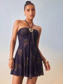 Hauture Women's Animal Print Round Black Pearl Metal Decor Backless Halter Mini Dress - Purple - View 1