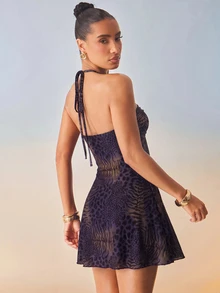 Hauture Women's Animal Print Round Black Pearl Metal Decor Backless Halter Mini Dress - Purple - View 3