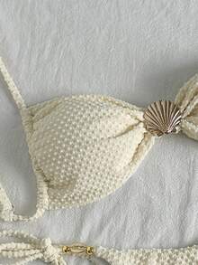 SHEIN Swim 女士海滩夏季服装 - 纹理纯色细肩带性感比基尼套装，配有贝壳和金属装饰 - 米色 - 查看 5