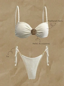 SHEIN Swim 女士海滩夏季服装 - 纹理纯色细肩带性感比基尼套装，配有贝壳和金属装饰 - 米色 - 查看 1